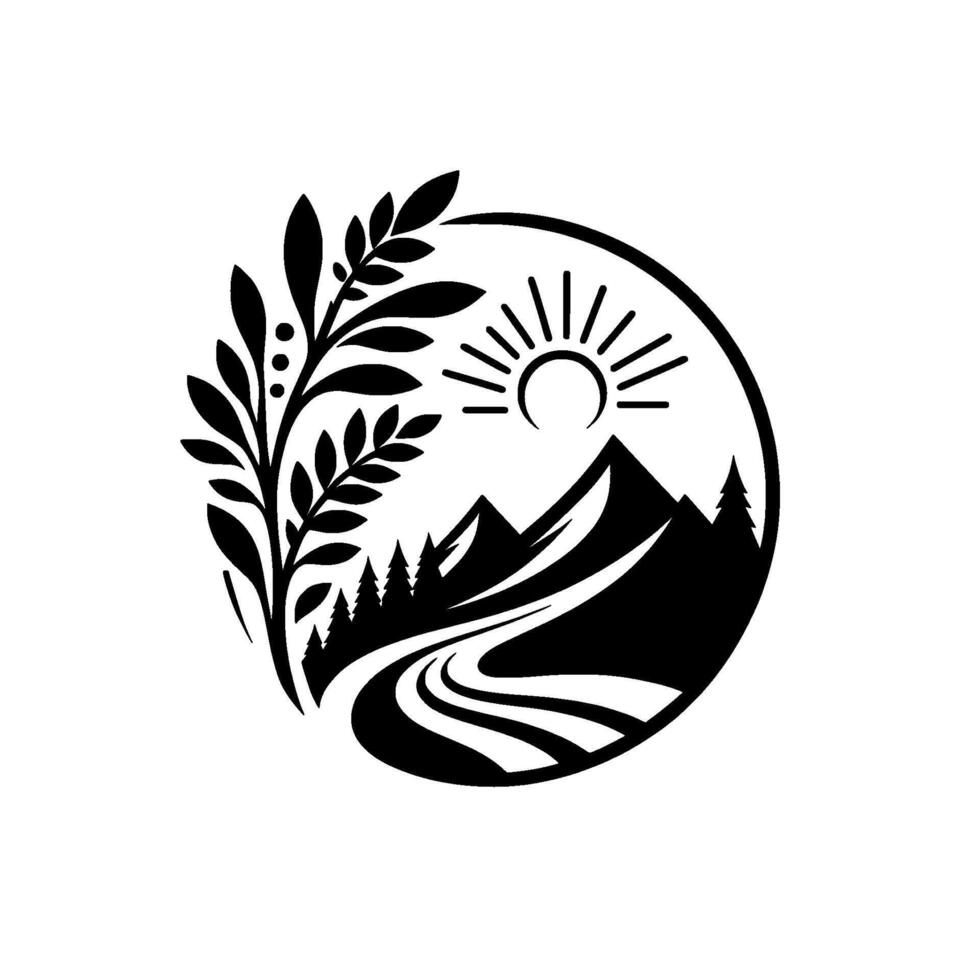 Black and White Circular Emblem of Nature Mountain Landscape, Road, Sun, Trees, and Branch with Leaves. vector