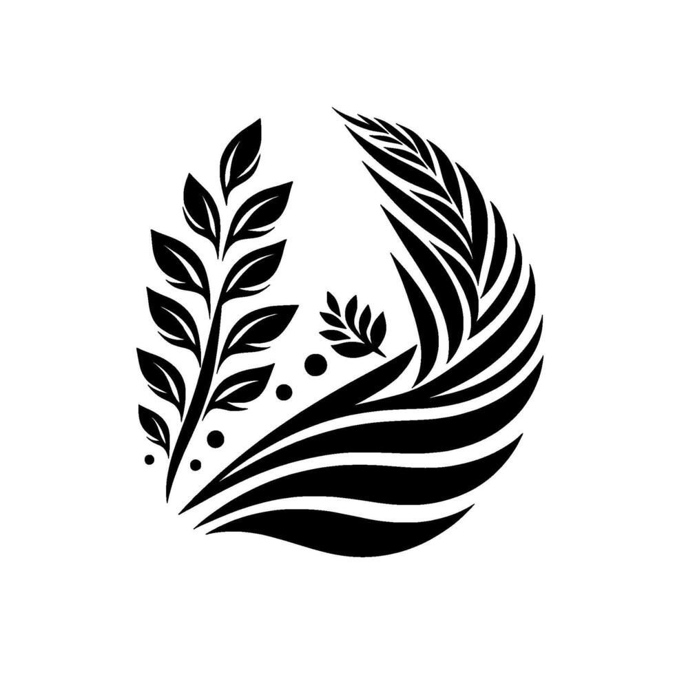 Abstract Black and White Botanical Design Leafy Branches and Featherlike Elements within an Oval Composition on White vector