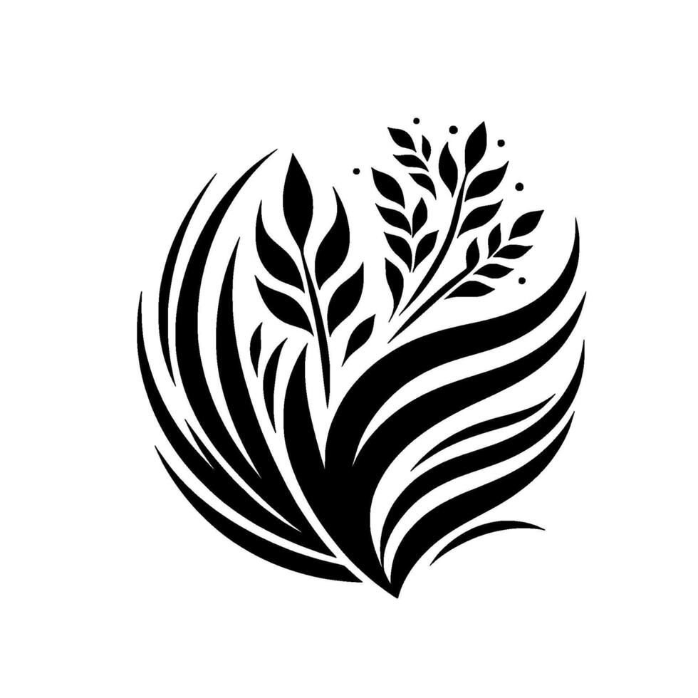 Bold Black and White Floral Emblem Abstract Arrangement of Leaves and Blades in a Circular Composition. vector