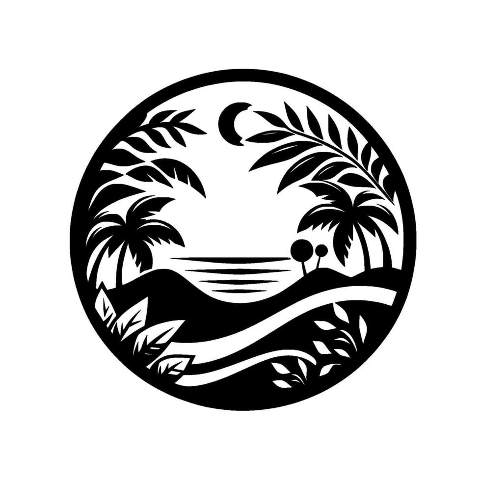 Black and white circular landscape illustration tropical beach scene with palm trees, moon, and foliage, cutout style. vector