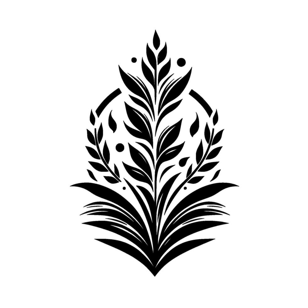 estilizado negro y blanco follaje con concéntrico circulo elemento, botánico simetría, minimalista modelo. vector