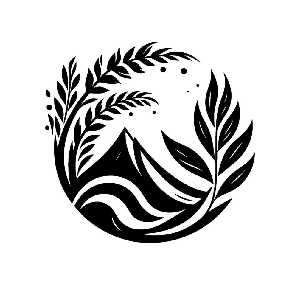 Black and white minimalist nature emblem featuring a mountain and foliage within a circular frame, creating a balanced, serene composition. vector