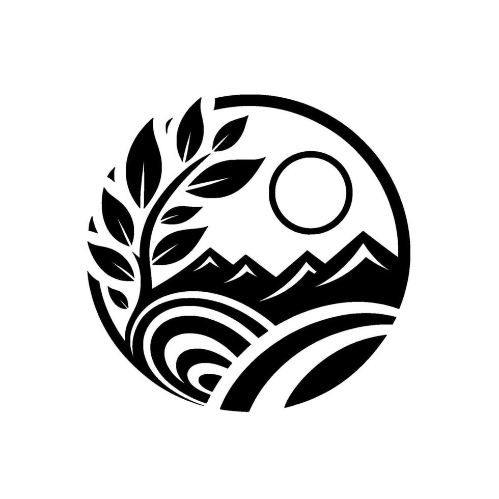 Minimalist Black and White Circular Nature Depicting Mountains, Sun, and Foliage, Evoking Peace and Serenity. vector