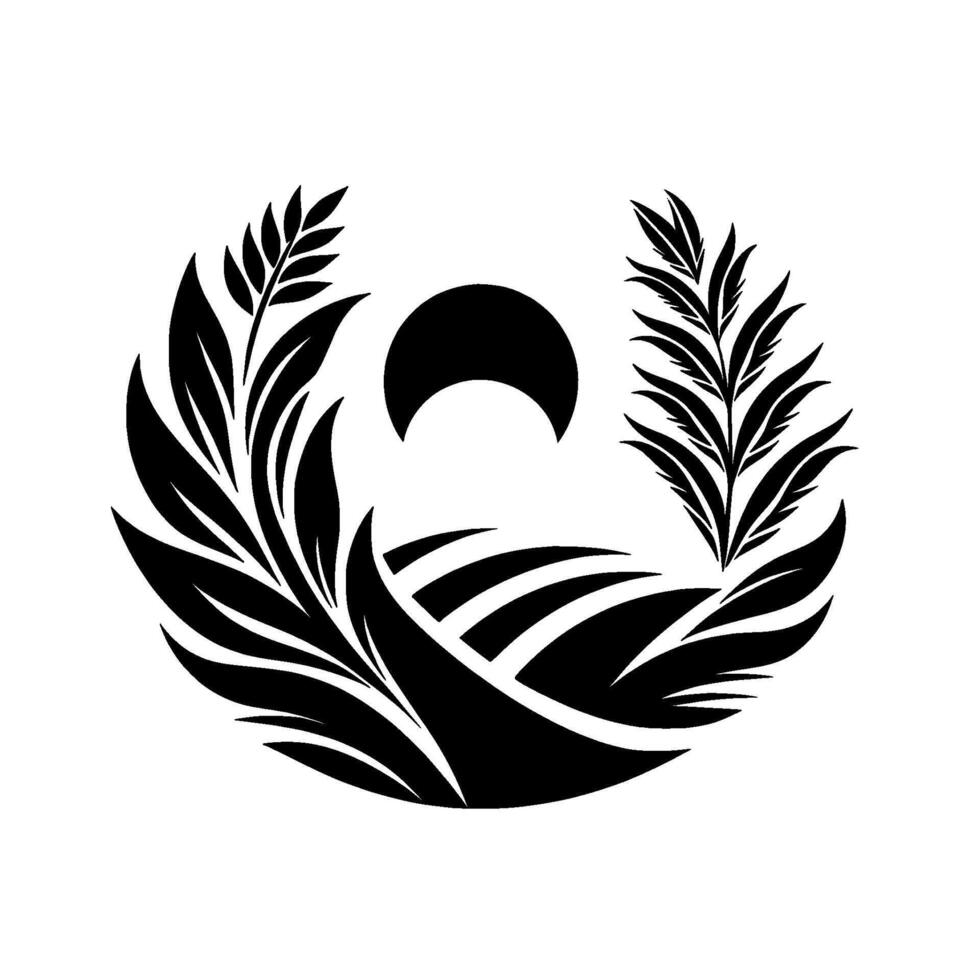 Circular monochrome emblem featuring stylized wheat fields, leaves, and a crescent moon, evoking nature and agriculture. vector