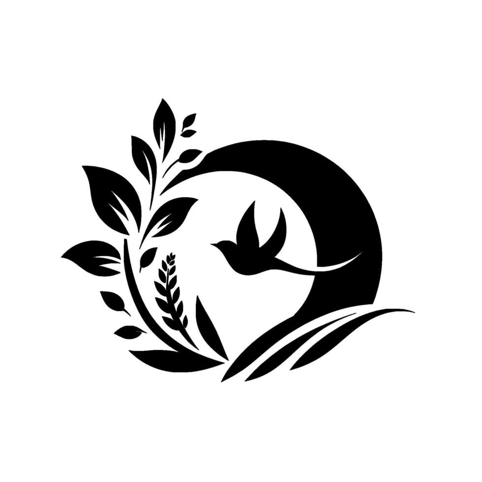 Serene Black and White Illustration A Bird in Flight Amidst Organic Elements of Leaves, Stalks, and a MoonLike Circle. vector