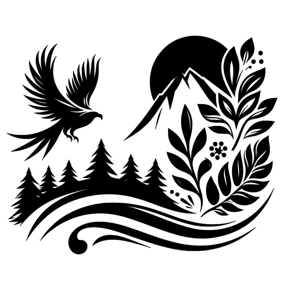 Black and White Nature Silhouette Eagle in Flight Above Forest with Mountains, Sun, and Floral Accents. vector