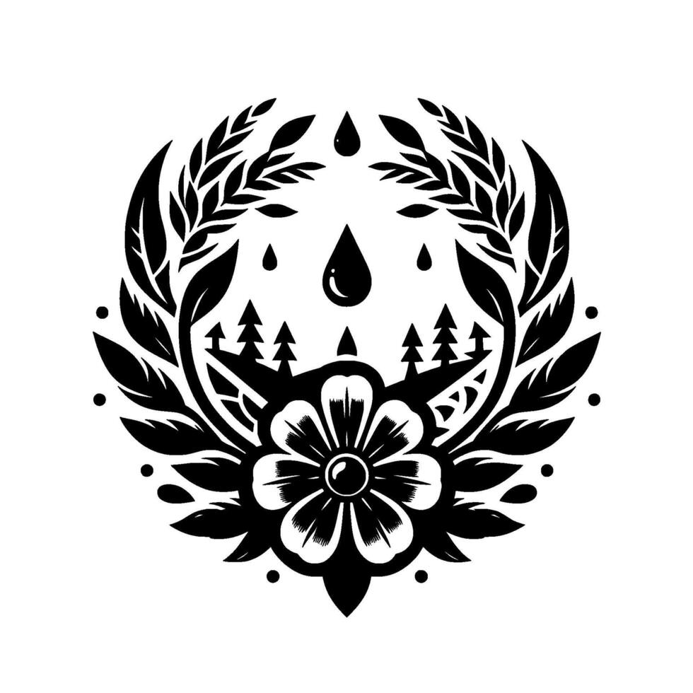 Black and white circular design, with a floral centerpiece, foliage framing and rain drops. vector