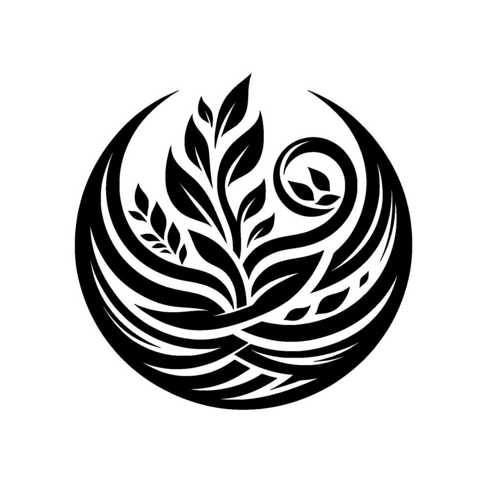 Elegant Botanical Emblem A stylized black and white illustration of a leafy plant within a circular, decorative frame, evoking natures beauty. vector