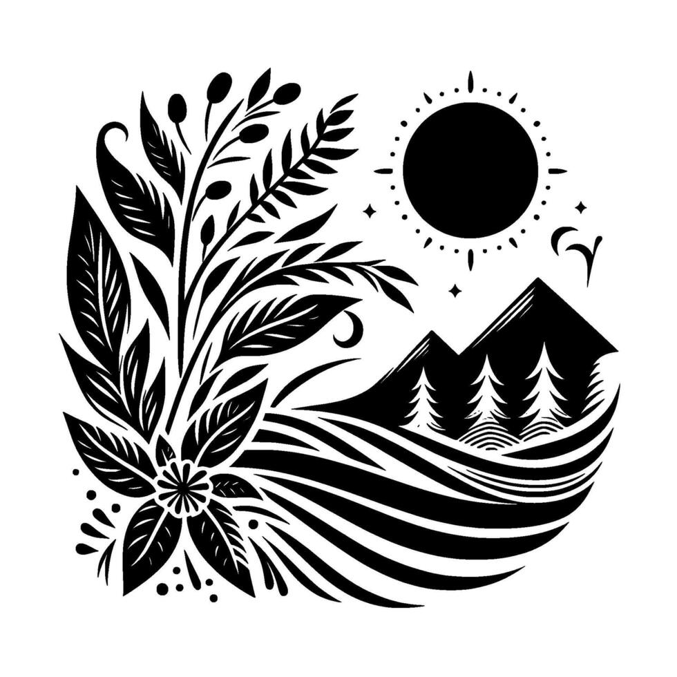 Elegant black and white circular nature featuring floral elements, mountains, sun, trees, and stylized landscape details. vector
