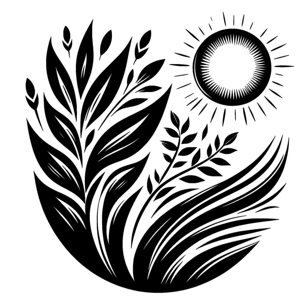 Black and white circular stylized artwork depicting flora, foliage, and a radiant sun, evoking a sense of nature and serenity. vector