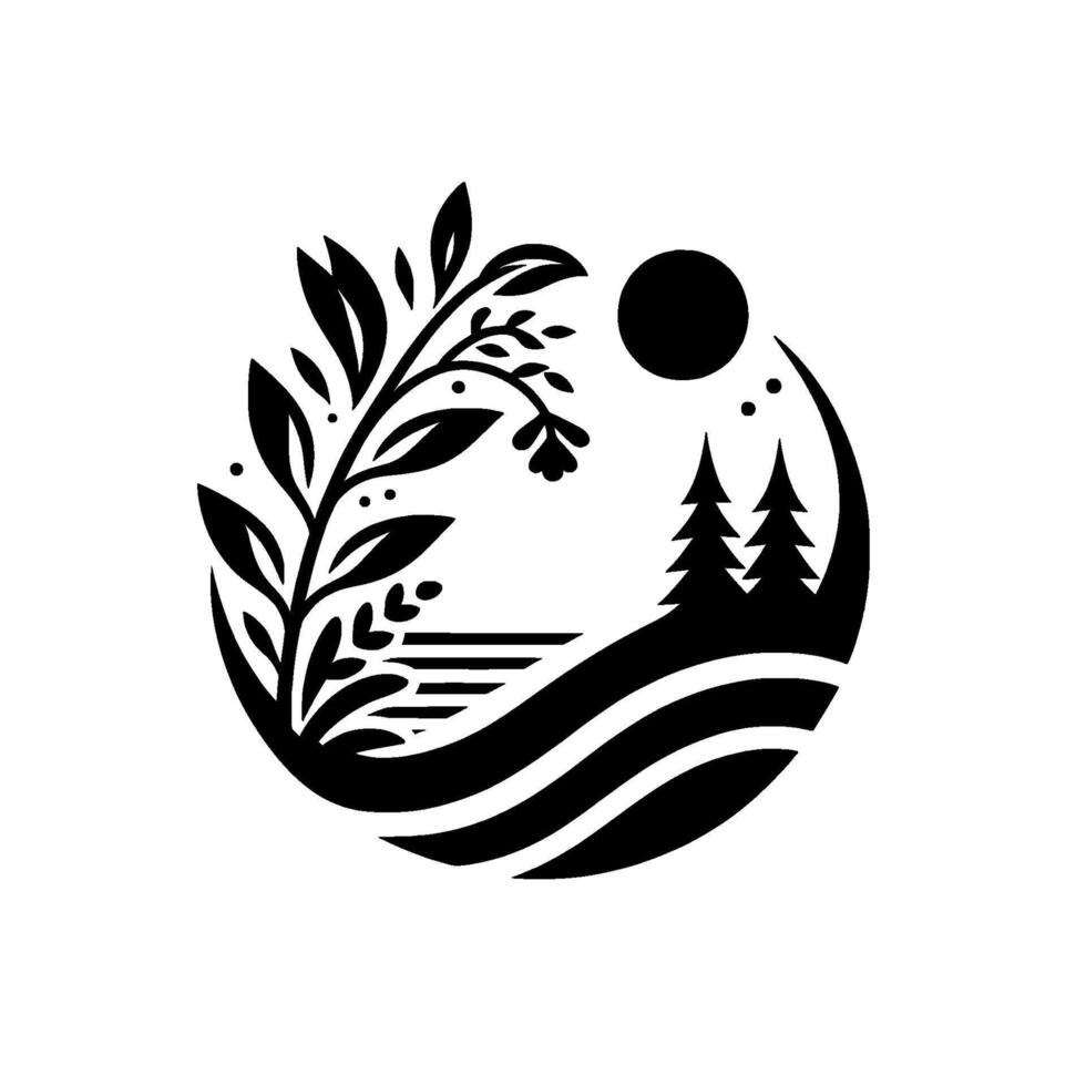 Circular Black and White Nature Illustration Foliage, Evergreen Trees, Sun, and Wavy Landscape Elements. vector