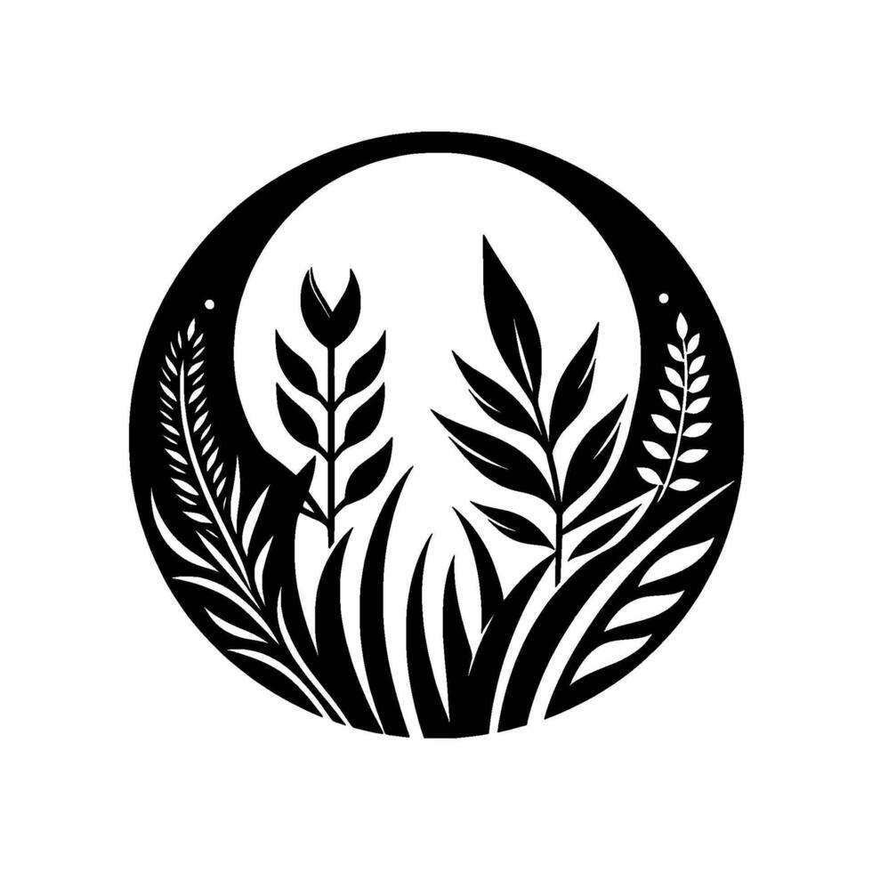 Minimalist Black and White Botanical Composition A Circular Arrangement of Diverse Foliage Silhouettes with a Clean Aesthetic. vector