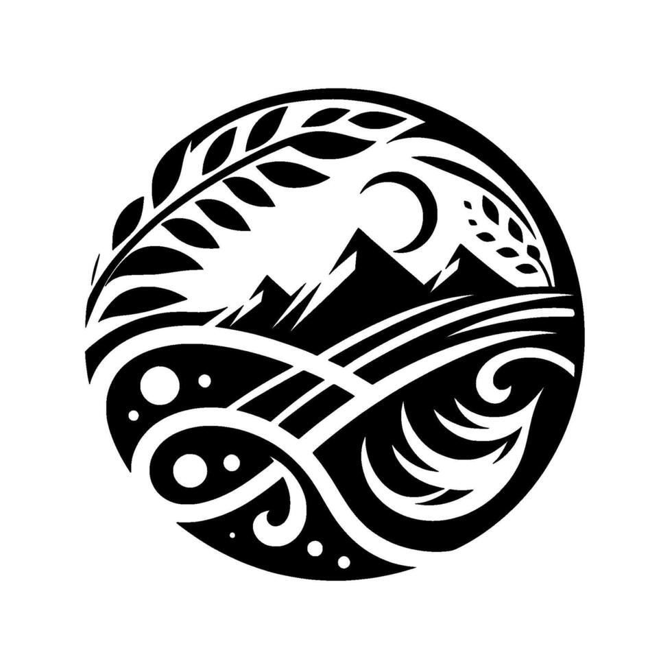 Circular Tribal Tattoo Mountains, Crescent Moon, Foliage, and Swirls, Black and White vector