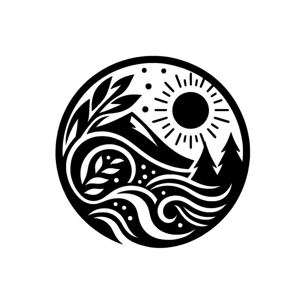 Black and White Circular of a Scenic Landscape Mountains, Trees, Sun, Water, and Foliage. vector