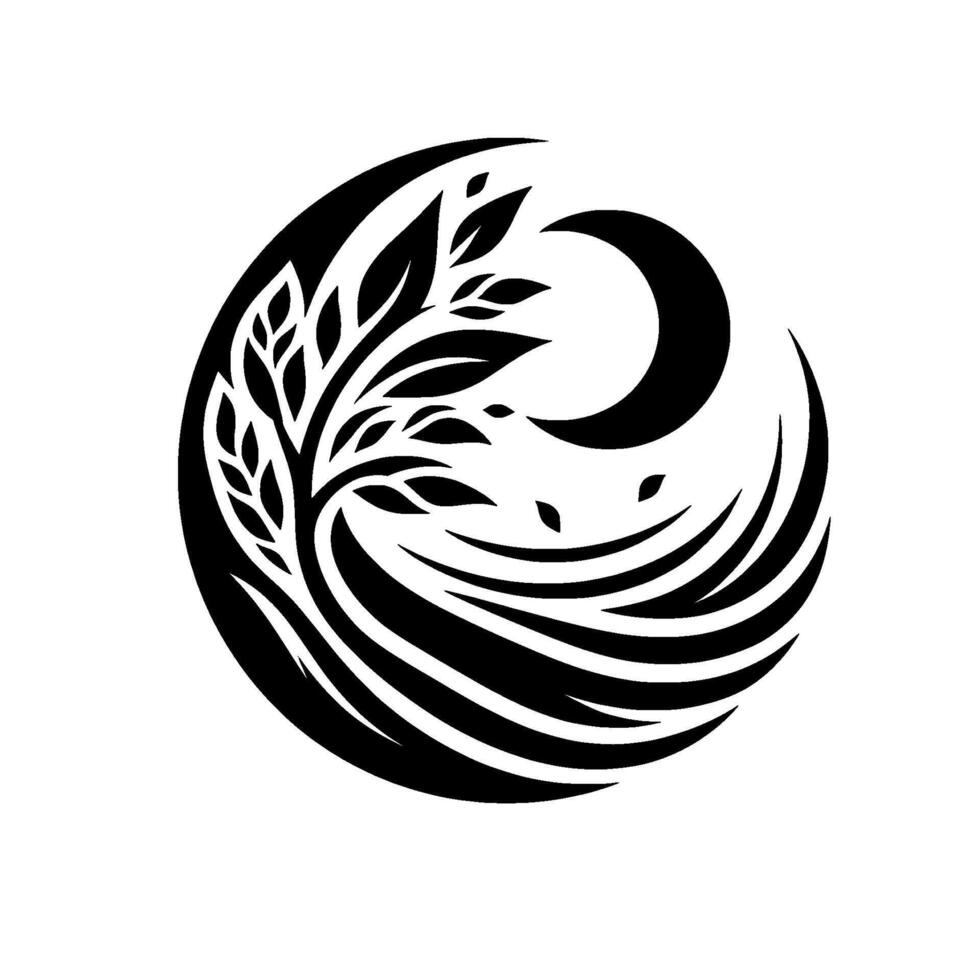 Circular Black White Artwork Stylized Tree with Crescent Moon, Flowing Lines, Organic Design, and Leaf Accents, Symbolizing Nature. vector