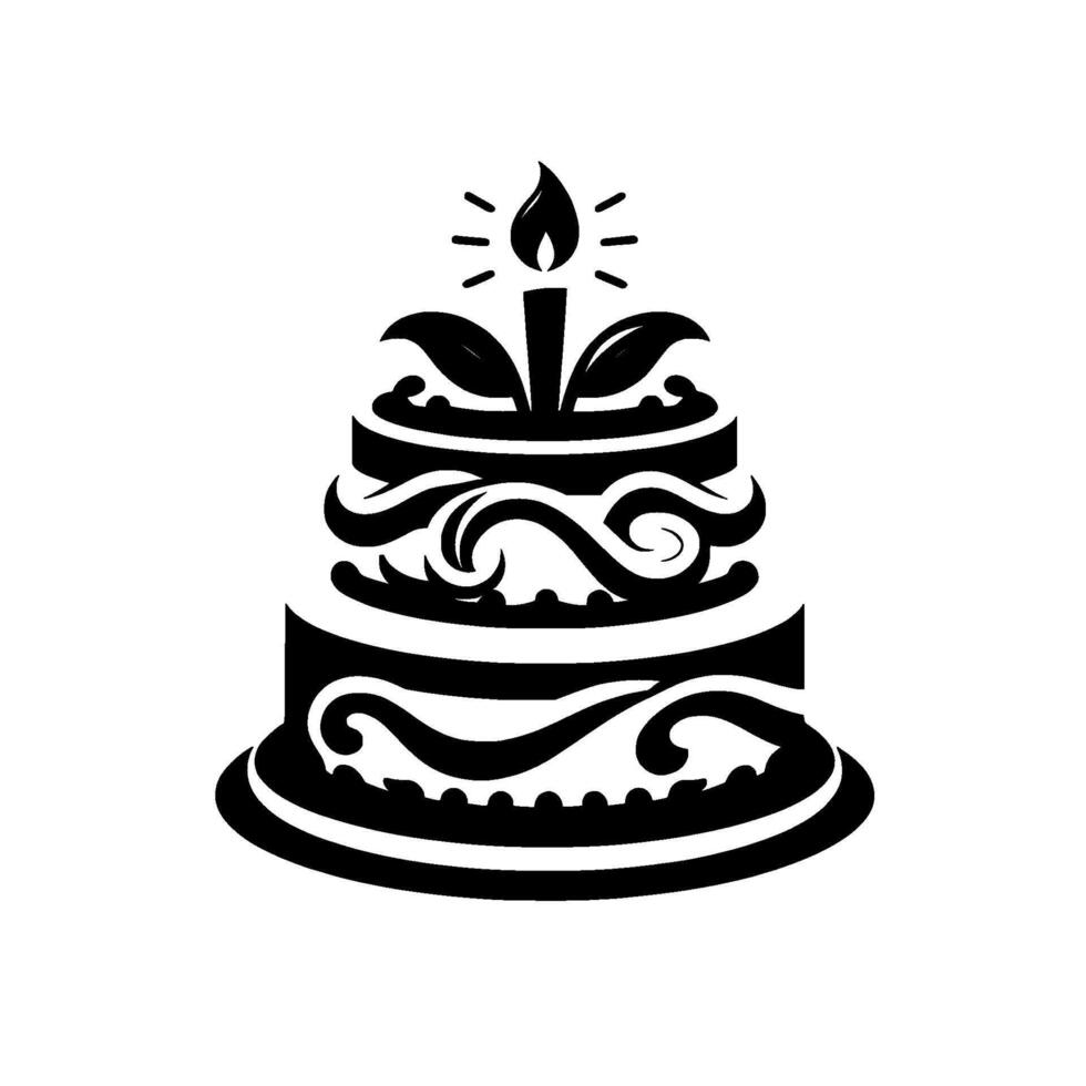 Elegant Black White Illustration of a Tiered Birthday Cake with a Lit Candle and Decorative Swirls, on a White Backdrop. vector