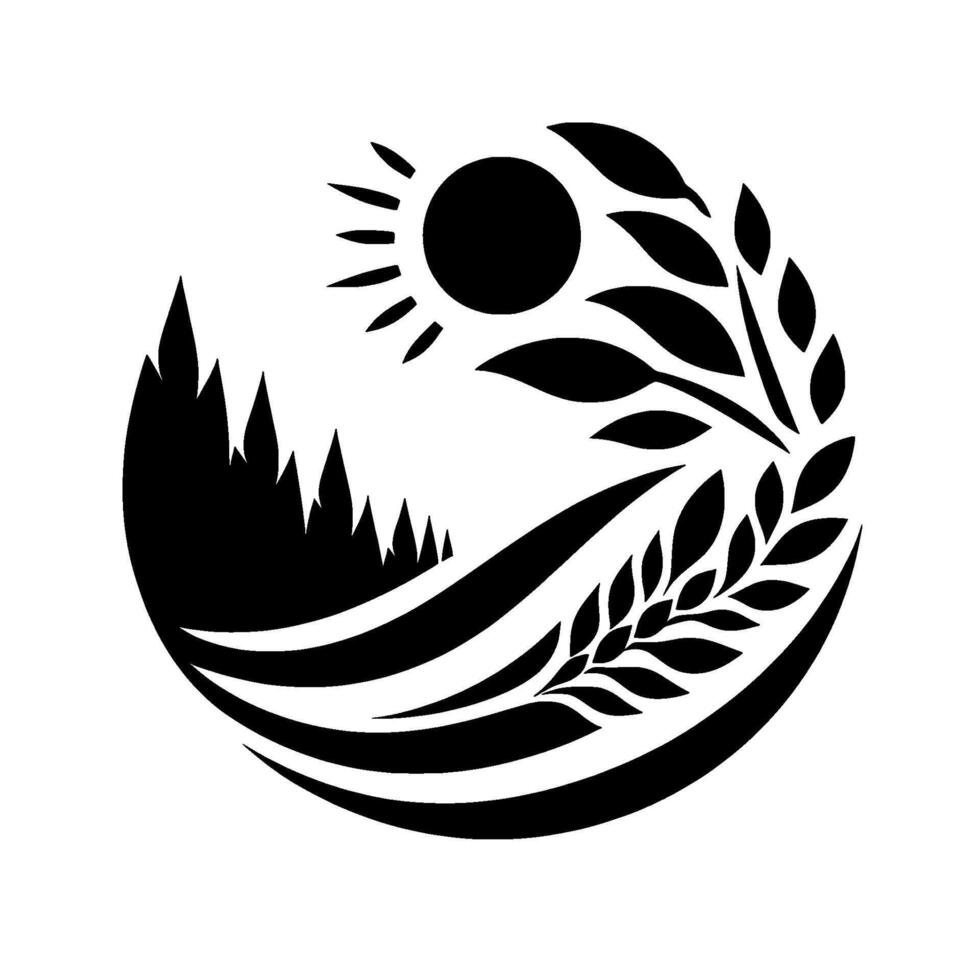 A minimalist black and white circular logo, depicting a sun, fields, and mountain range, surrounded by foliage. vector