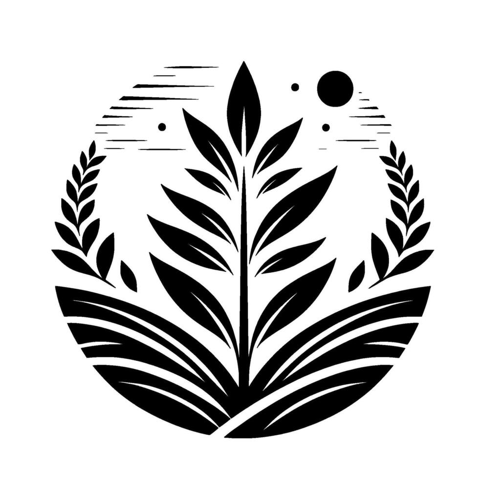 Black and white circular illustration of a stylized plant, wheat, and agricultural elements set in a minimalist with a sun and sky motif. vector