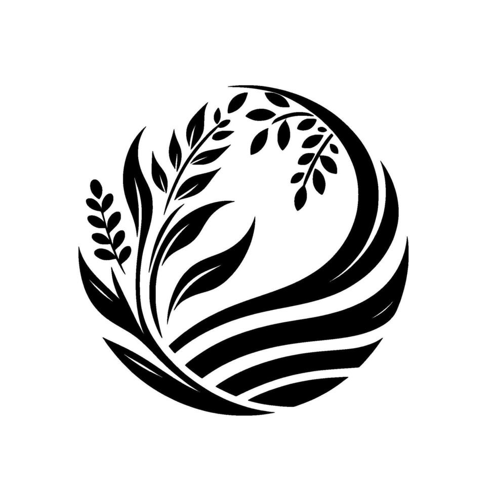 Minimalist Black and White Emblem Botanical Illustration of Leaves and Wheat in a Circular Arrangement vector