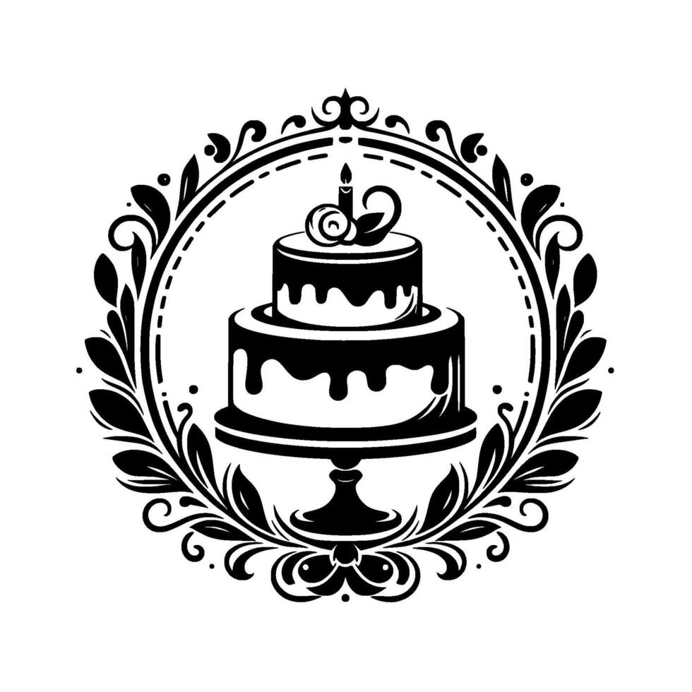 Elegant, Tiered Birthday Cake with Lit Candle Inside a Decorative Flourish Wreath, Black and White Design. vector
