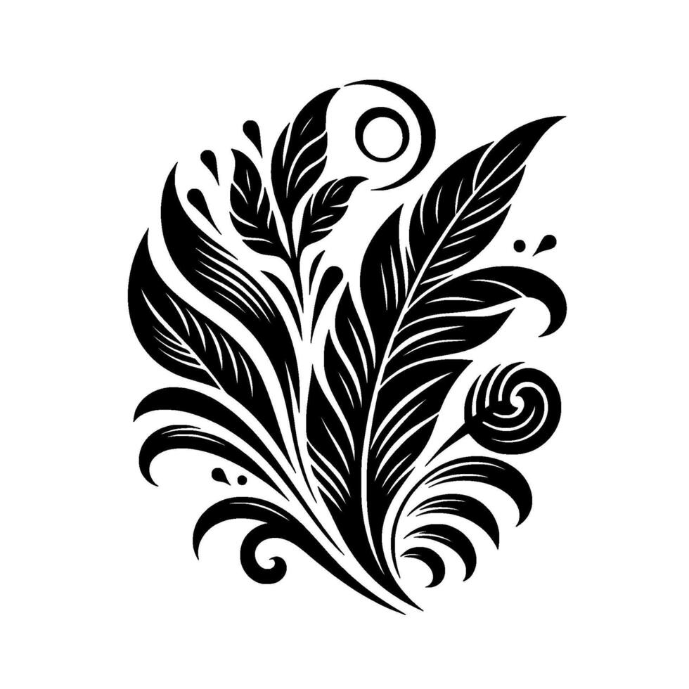 Elegant Black and White Floral Design A symmetrical arrangement of stylized leaves, swirls, and flourishes, creating a balanced ornamental pattern. vector