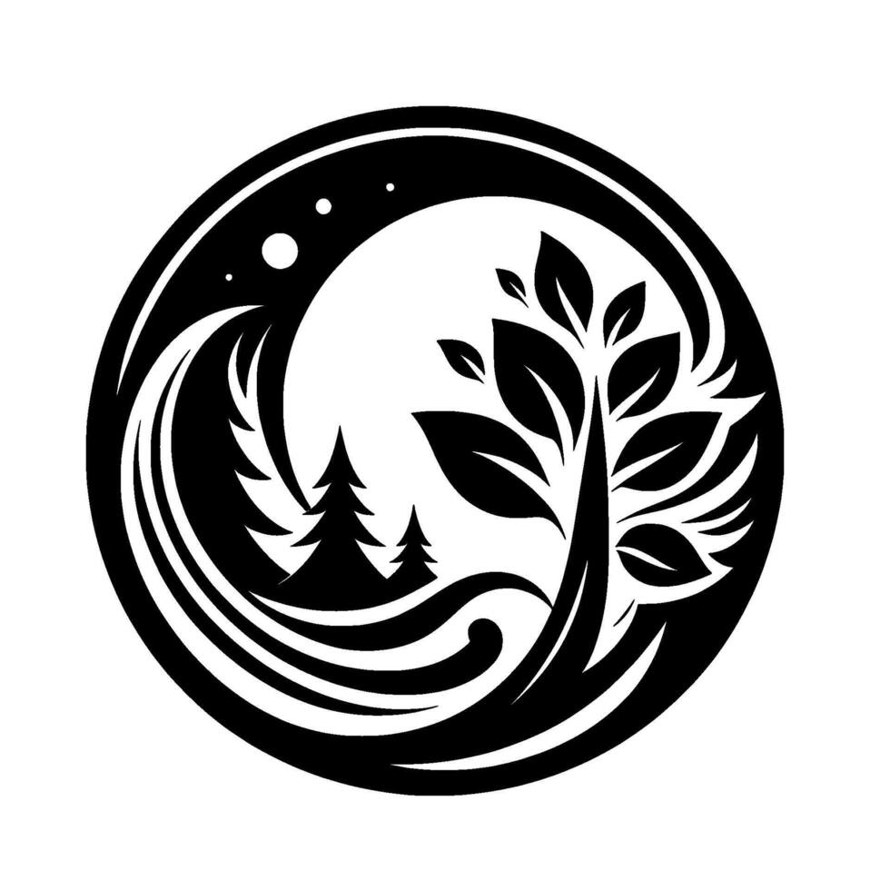 Circular black and white illustration a tree and pine trees sheltered by waves and under a starry night sky, stylized and nature themed. vector