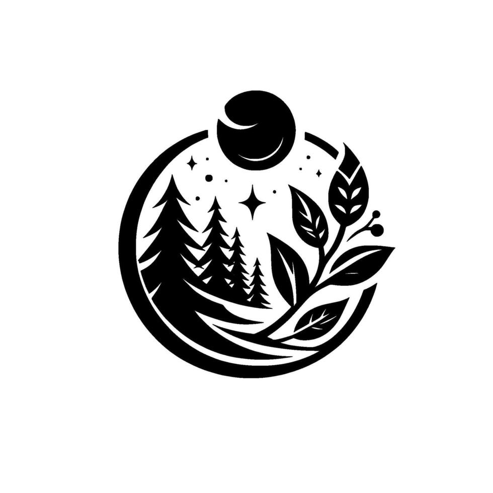 A black and white minimalist of a stylized forest scene in a circle trees, leaves, stars, and a crescent moon. vector