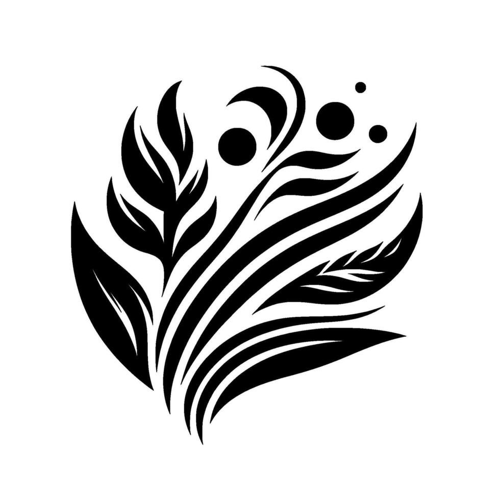 Intricate Black and White Floral Arrangement on White Background, Featuring Leaves, Swirls, and Dot Accents in a Minimalist Style. vector