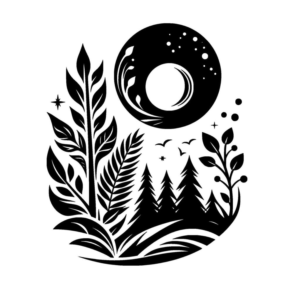 A minimalistic black and white nature scene featuring a moon, trees, plants, stars, and birds in a stylized, elegant illustration. vector