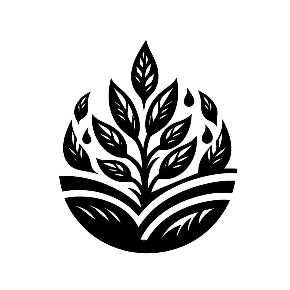 Stylized black and white emblem of a sprouting tree within a teardrop shaped frame, evoking growth and nature on a white background. vector