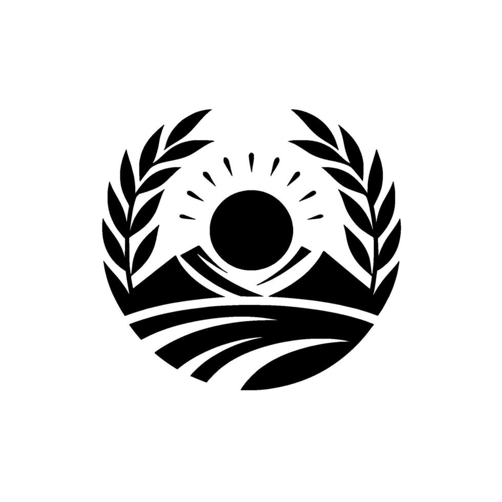 Monochromatic Emblem Mountain Landscape with Sun, Wheat, and Circular Arrangement, Illustrating Agriculture. vector