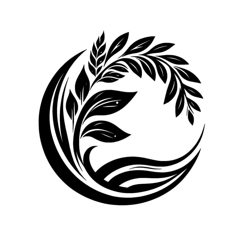 Elegant Black and White Botanical Emblem Branching Leaves Encased in a Circular Design, Suggesting Harmony and Growth. vector