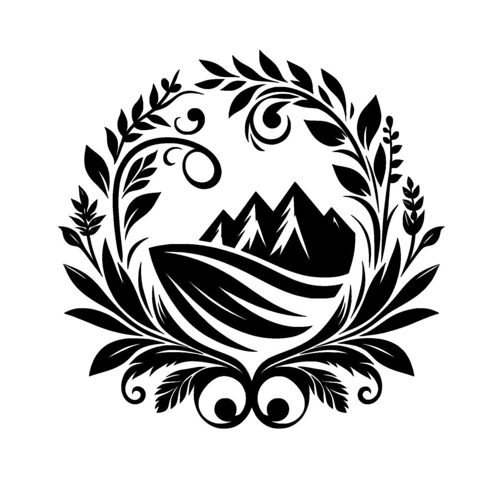 Ornate Black and White Mountain Crest with Floral Wreath. vector