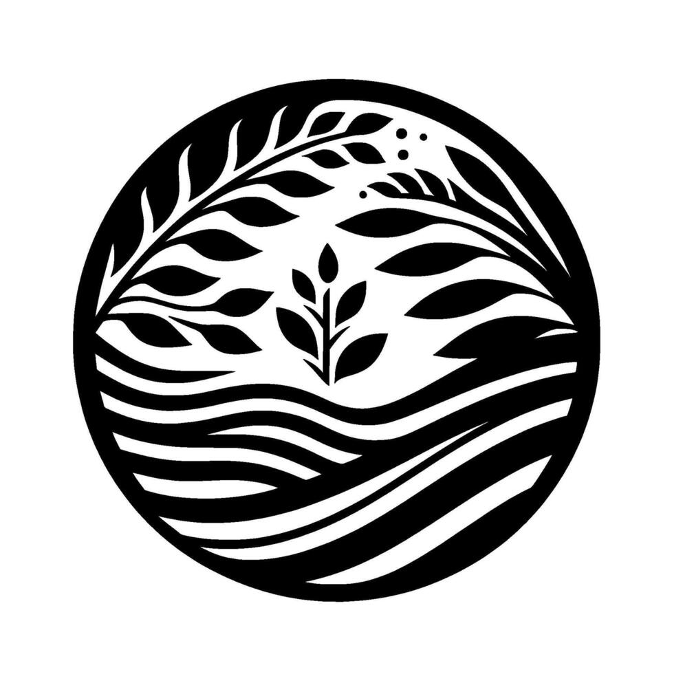 Monochrome Circular Emblem Silhouette of Plants Over Serene Water with Organic Leaf Wave Motifs, Evoking Natures Harmony. vector