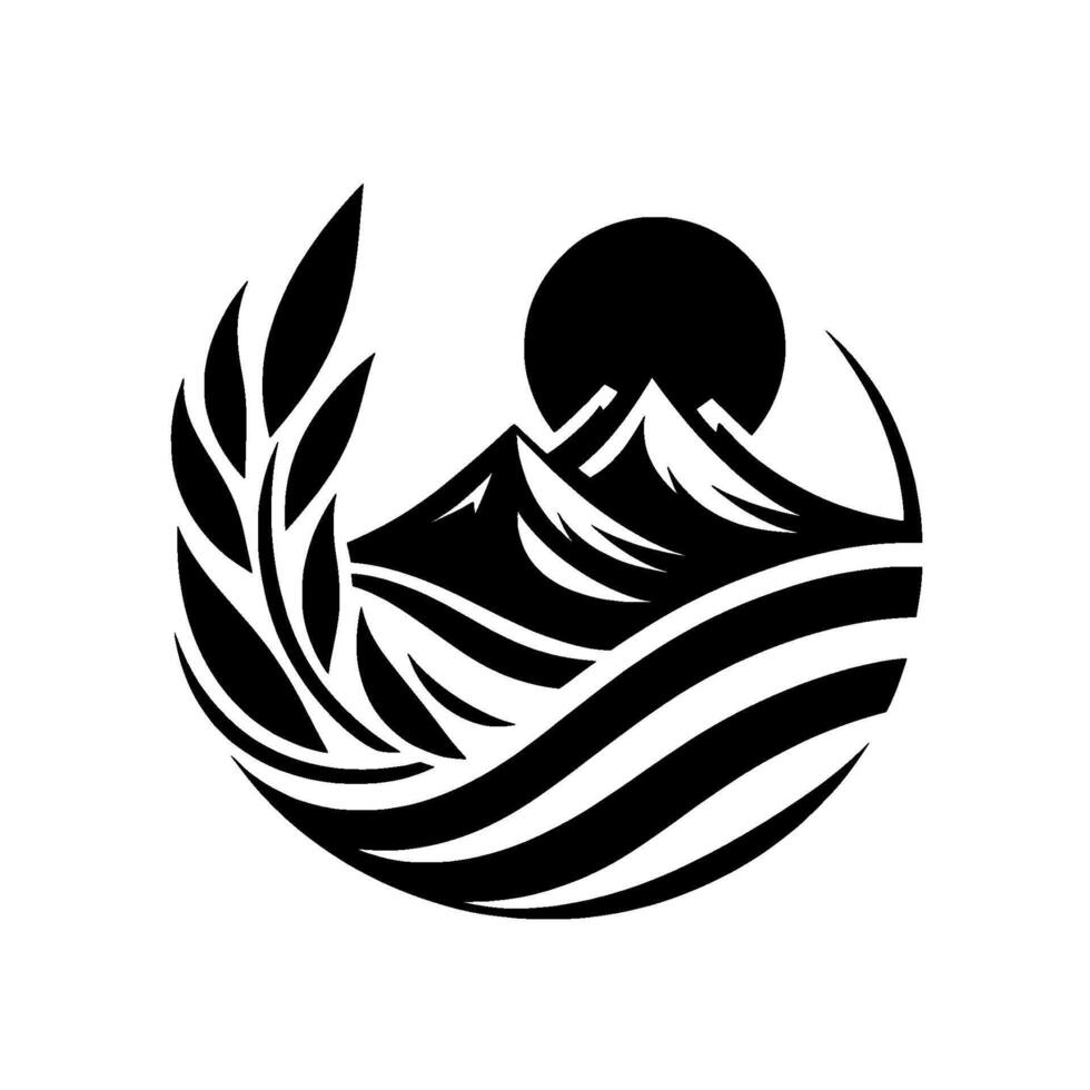 A Black and White Circular Mountain Landscape with a Bold Sun, Stylized Leaves, and Flowing Water, Illustrating Natures Harmony. vector