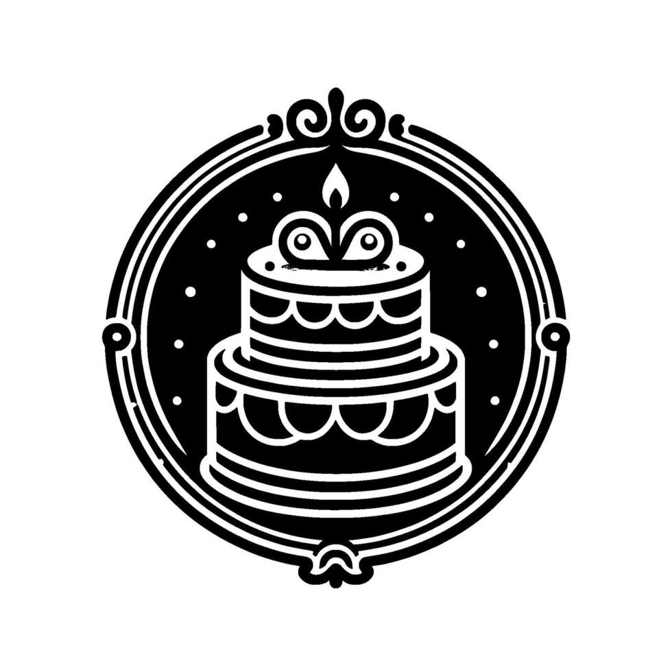 Elegant Black and White Illustration TwoTiered Birthday Cake Inside Ornate Circular Frame with Candle and Dots. vector