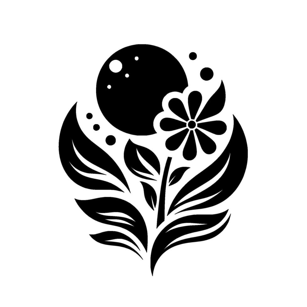Black and white symmetrical floral illustration with a stylized flower, leaves, and a celestial moonlike orb, evoking a sense of minimalist beauty. vector
