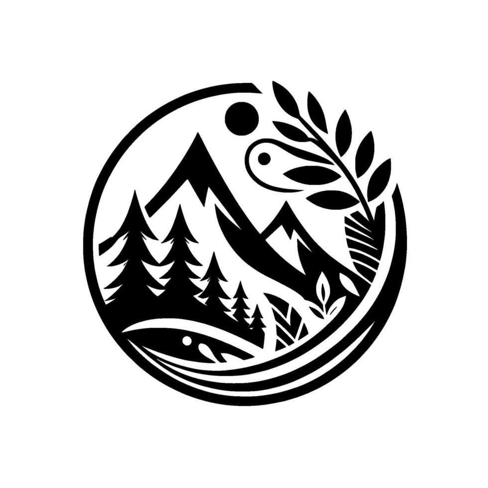 Stylized Monochrome Nature Icon Mountains, Forest, Sun, and Foliage Within a Circular Frame, Minimalist Design. vector
