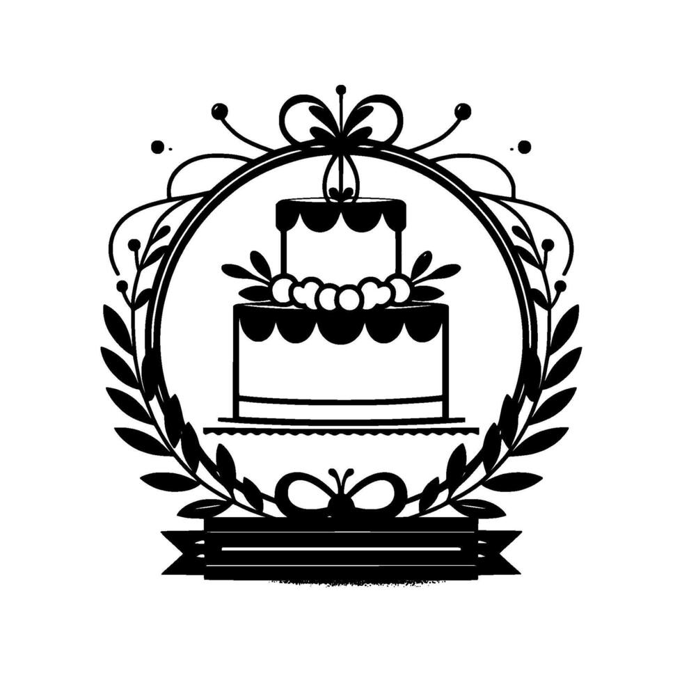 Elegant Black and White Wedding Cake Within Circular Floral Frame, Banner Element, Clean Design. vector