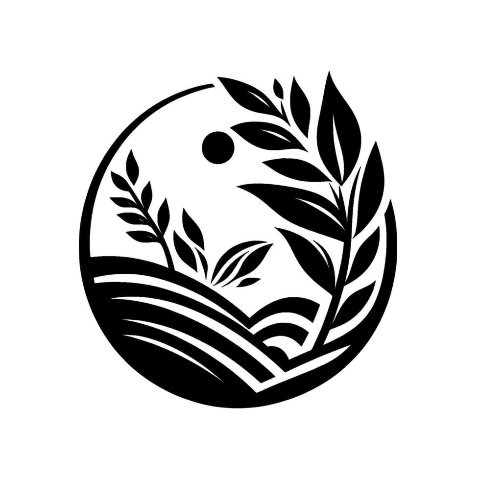 Minimalist Black White Emblem Fields, Leaves, and Sun Enclosed in a Circular Depicting Nature Sustainability. vector