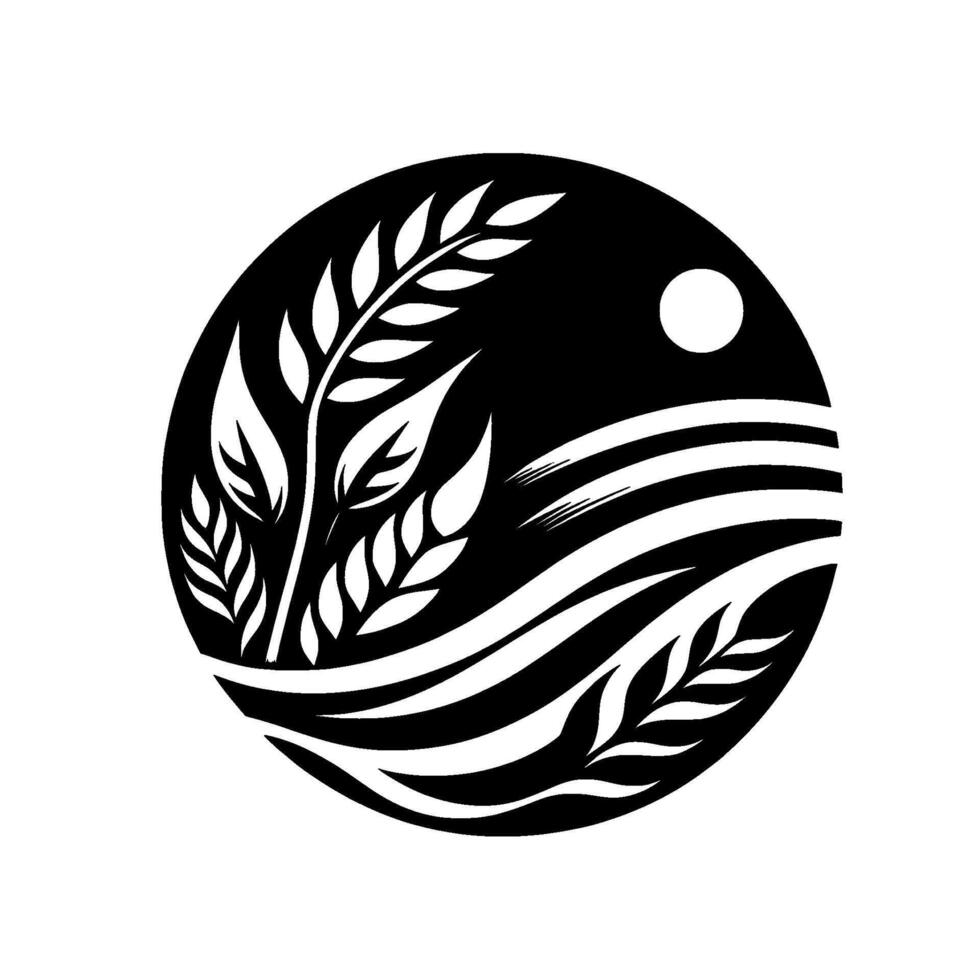 Minimalist black and white circular depicting wheat stalks, undulating lines, and a white sun or moon, evoking natures serene beauty. vector