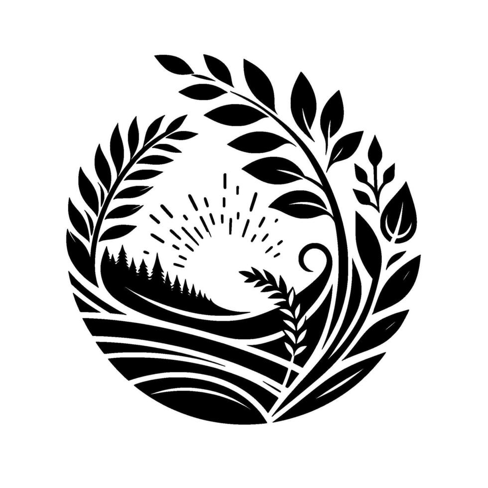 Circular Black and White Nature Illustration Sunrise over Forest and Field, Encircled by Botanical Elements. vector