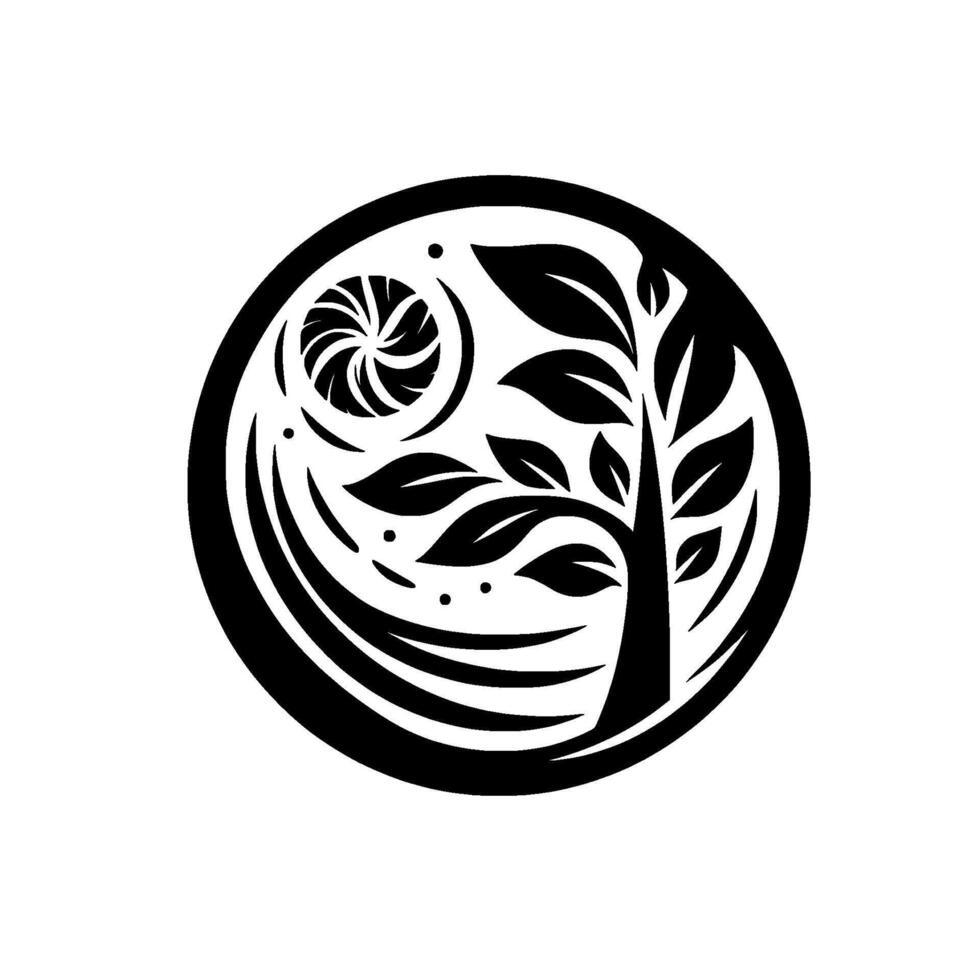 Black and White Circular Logo Stylized Tree with Swirl Symbol and Celestial Elements, NatureInspired Design. vector