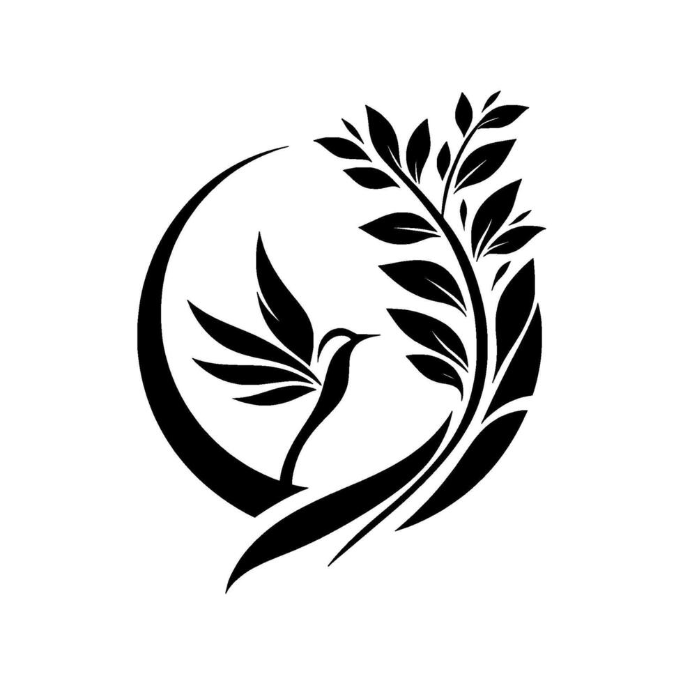 Elegant Black White Logo Bird Branch Within Circle Symbol of Harmony, Nature, Growth, and Serenity. vector