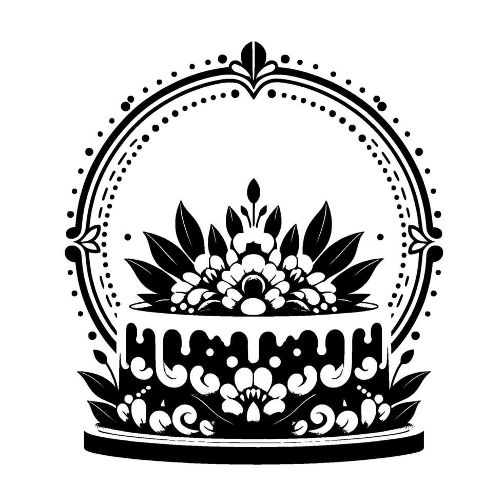 Elegant Monochrome Cake Artwork Ornate Floral with Drip Icing, Framed by Dotted Circle, on a White Background. vector