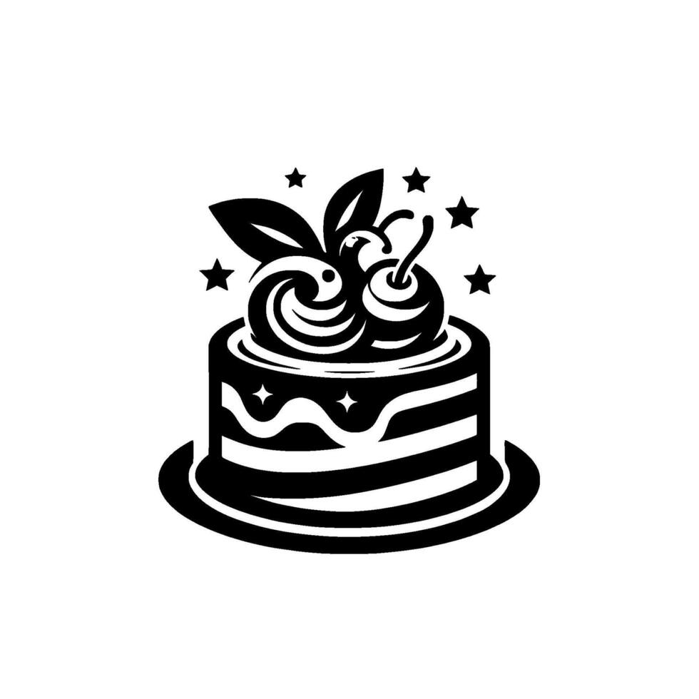 Elegant Black and White Cake with Cherries, Leaves, Whipped Cream Swirls and Star Accents on a Plate. vector