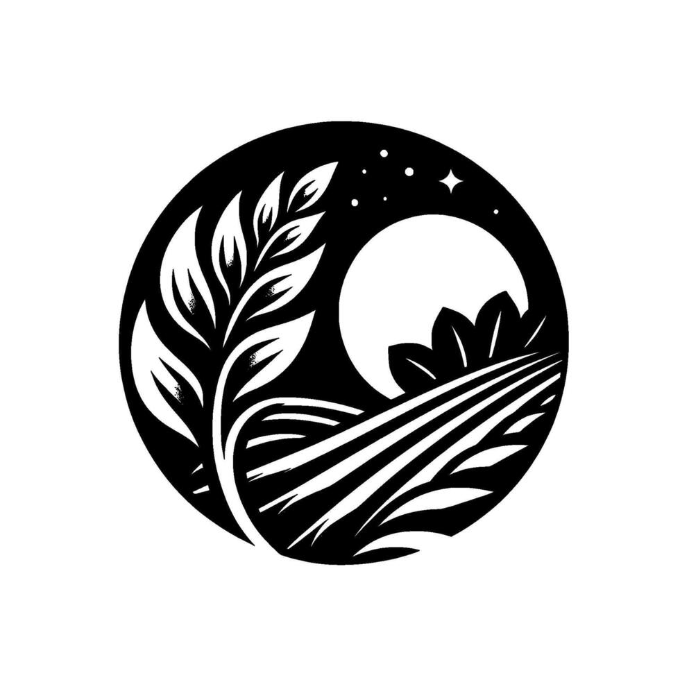 Circular Black and White Illustration Serene Night Field with Foliage, Moon, and Starry Sky in Monochrome. vector