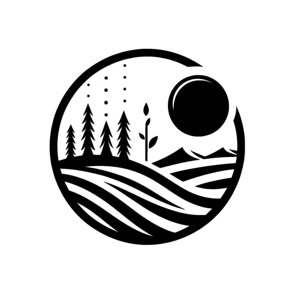 A minimalist black and white circular landscape featuring stylized trees, fields, a sunmoon, and subtle mountain range. vector