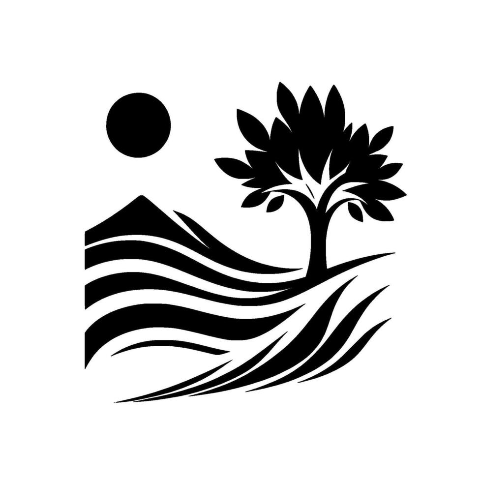Minimalist Monochrome Landscape Stylized Tree, Rolling Hills, Mountain, and Sun Silhouette, Nature Iconography. vector