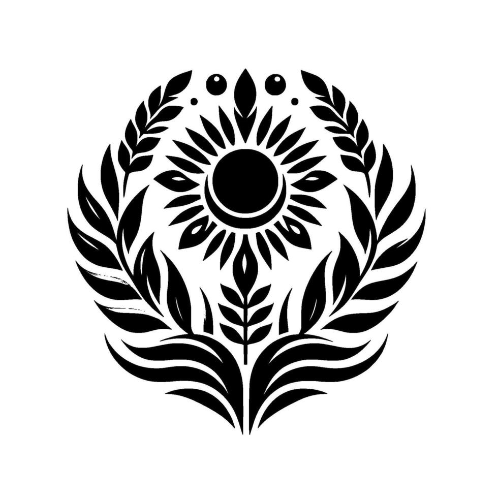 Intricate Black and White Floral Mandala Design, Central Sunflower, Leaves, Decorative Ornament, on a clean white background. vector